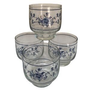 4 Vintage GLENWOOD BY ARCOPAL 8 oz Juice Glasses Made In France Blue Floral